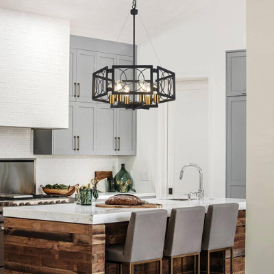 Modern Farmhouse Chandelier With Black And Gold Finish - 6-Light Vintage Industrial Pendant Lighting For Dining Room, Kitchen Island, Living Room, Or Foyer