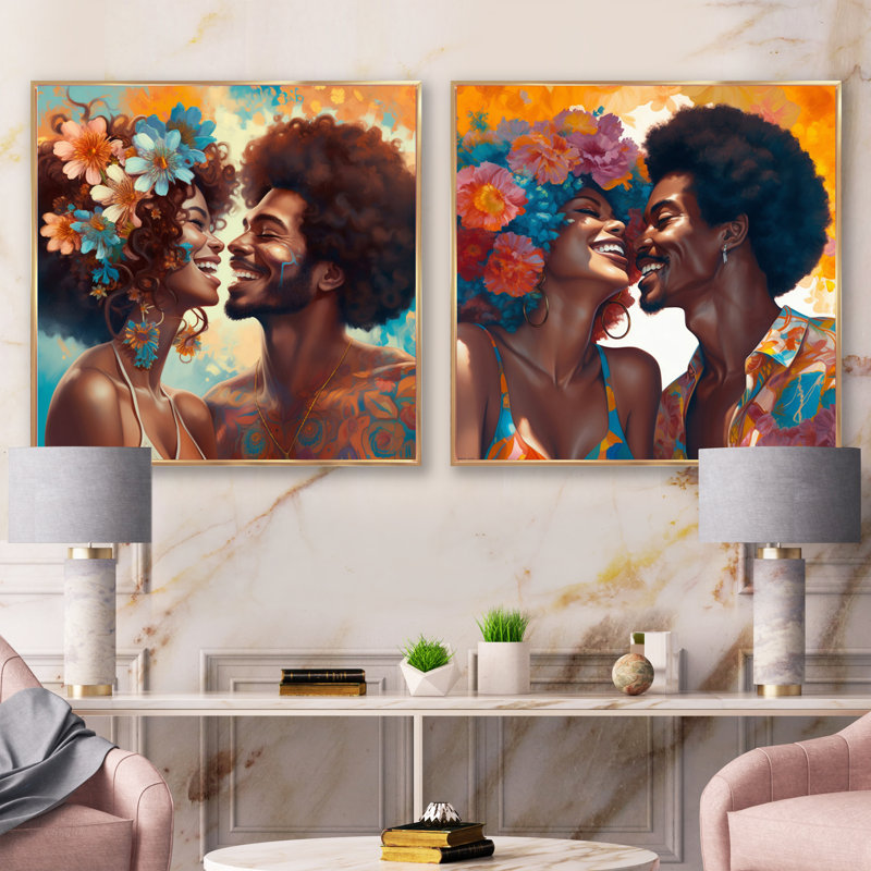 Beautiful Black Couple In Love - Ensemble de 2 collages romantiques carrés, Cadre flottant doré, H 30 po x l 61 po