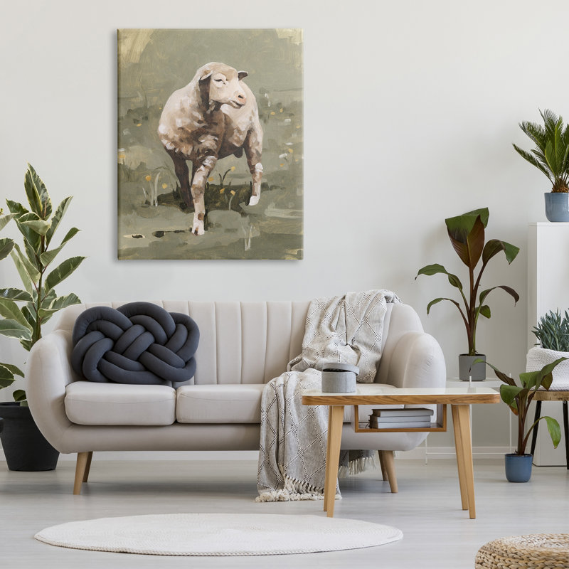 Moutons de printemps impressionnistes qui broutent un champ de verdure, Toile tendue, H 30 po x l 24 po