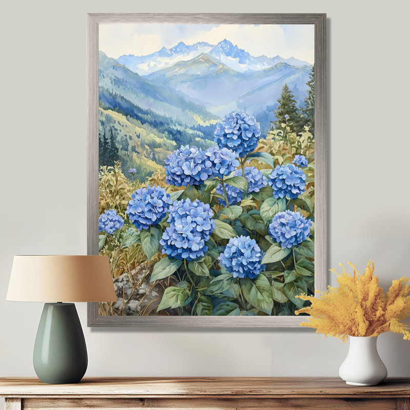 Hortensias dans la prairie de montagne III - impressions sur toile florales, Argent argent, H 40 po x l 30 po