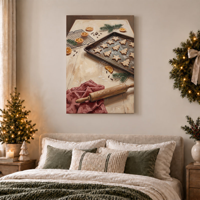 Étoile et arbre en forme de biscuits sur un plateau de cuisson avec art mural sur toile de Noël, H 18 po x l 12 po