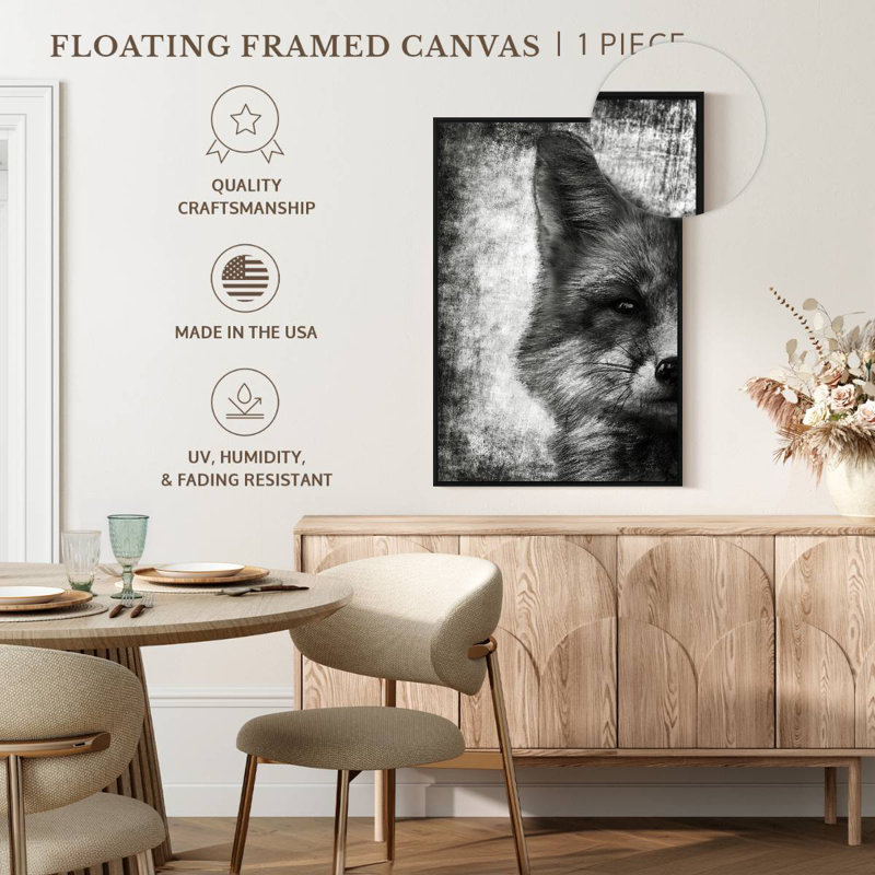 Visage de renard noir et blanc, Cadre flottant noir, 21 po x 31 po