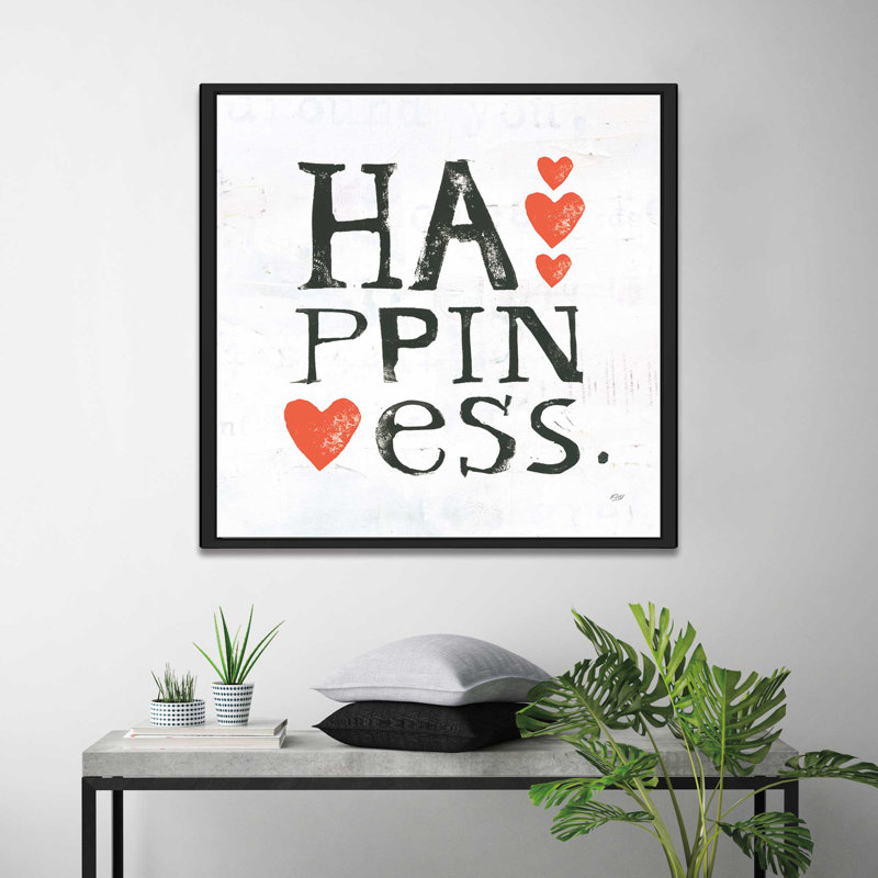 «Happiness», art textuel, H 21,5 po x l 21,5 po x P 2 po, Cadre flottant noir