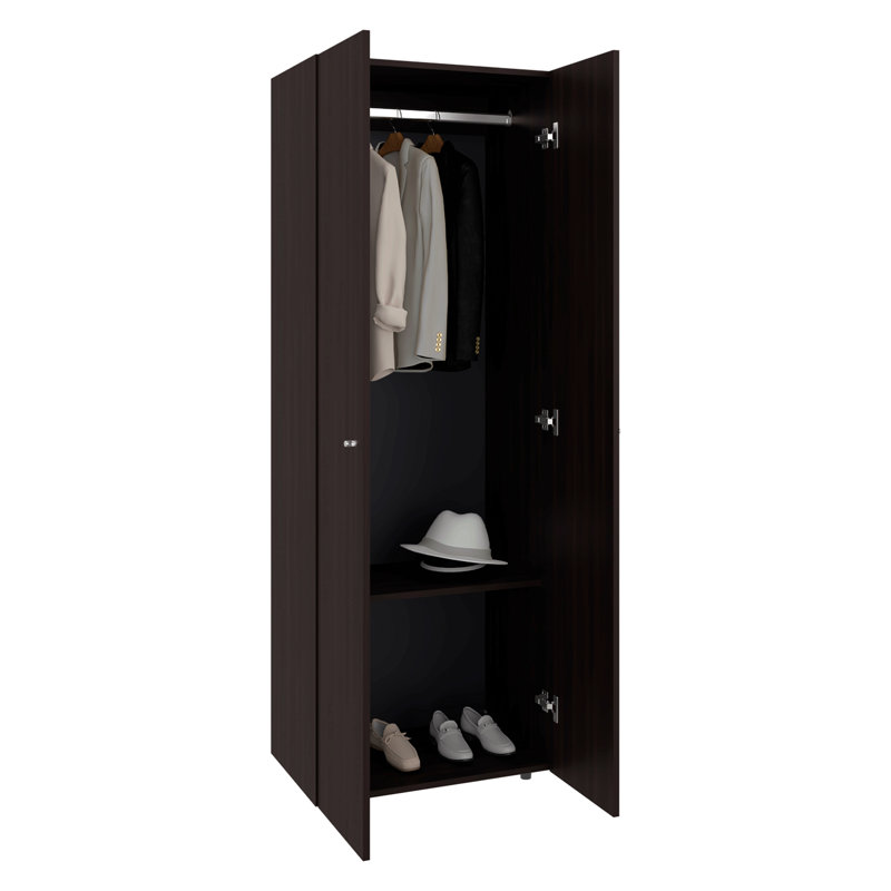 Armoire 2 portes avec système de garde-robe, tringle à suspendre et tablette de rangement, armoire moderne pour rangement de chambre à coucher, noyer teint