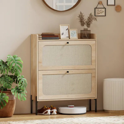 Oak Boho Narrow Shoe Storage Cabinet with 2 Rattan Flip Drawers