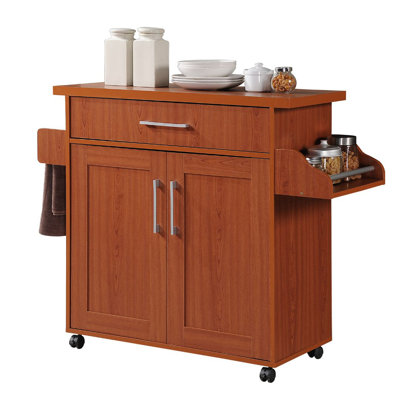 Kitchen Island with Spice Rack and Towel Holder, Storage Cart with Utensil Drawer, Interior Cabinet Storage and Locking Wheels