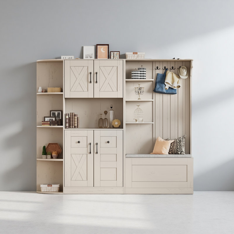 Multifunctional Left-Right Combination Hall Cabinet (Can Be Used Separately) With Storage And 4 Hooks, Storage Cabinet/ Hall Tree 2 In 1 For Living Room, Kitchen And Hallway
