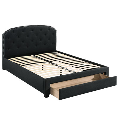 Lit simple contemporain en toile de jute gris anthracite avec capitonnage et tiroir de rangement