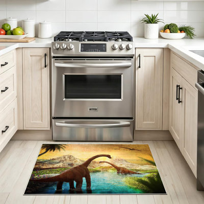 Green Fantasy Landscape Dinosaur Mountains Park Machine Washable Indoor Area Rug