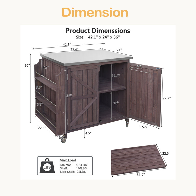 42.1" Outdoor Kitchen Island With Side Shelf, Outdoor Grill Cart With Storage Cabinet, Outdoor Kitchen Cabinet With Stainless Steel Top, Adjustable Shelf And 4 Wheels For Pizza Prep