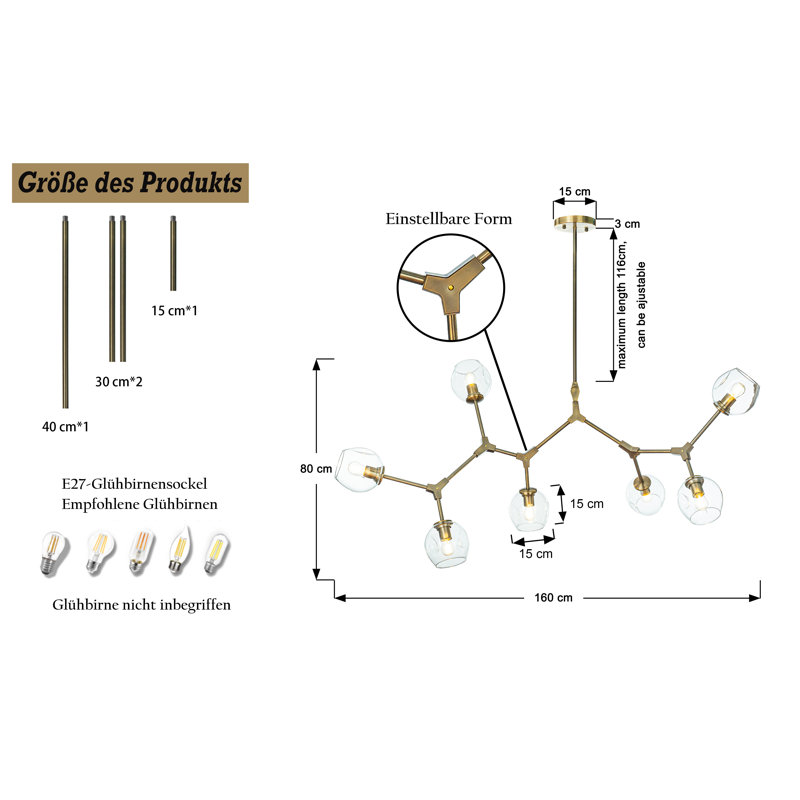 Andea 7-Lights Sputnik Modern Linear Bubble DIY Chandelier With Clear Glass Shade