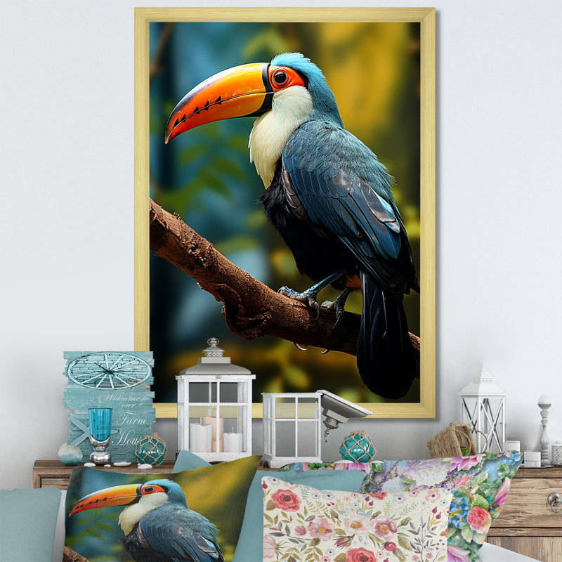 Bleu et blanc, jungle tropicale toucan, Cadre doré simple, H 20 po x l 12 po x P 1 po
