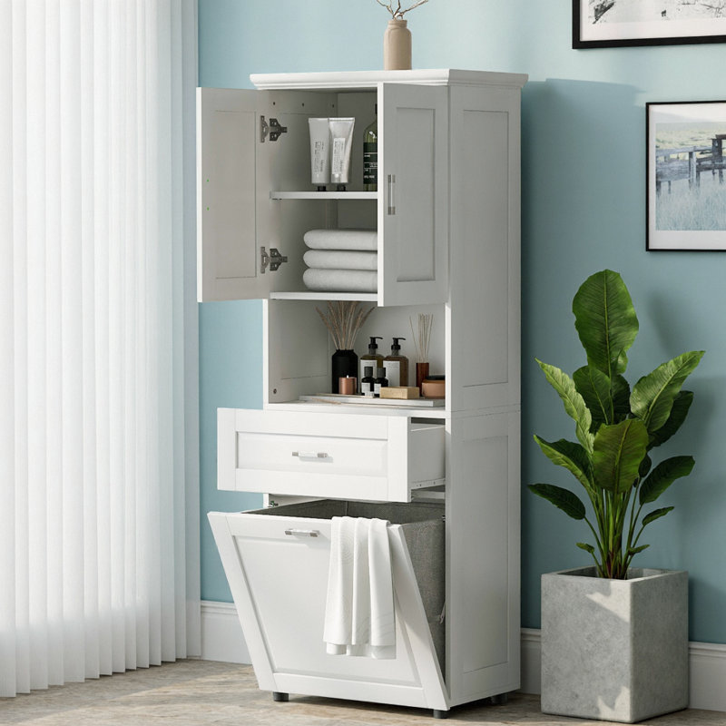 Armoire de salle de bain haut de gamme luxueuse avec panier à linge, unité de rangement tout-en-un 69,9 po avec panier inclinable et 2 portes, rangement autoportant