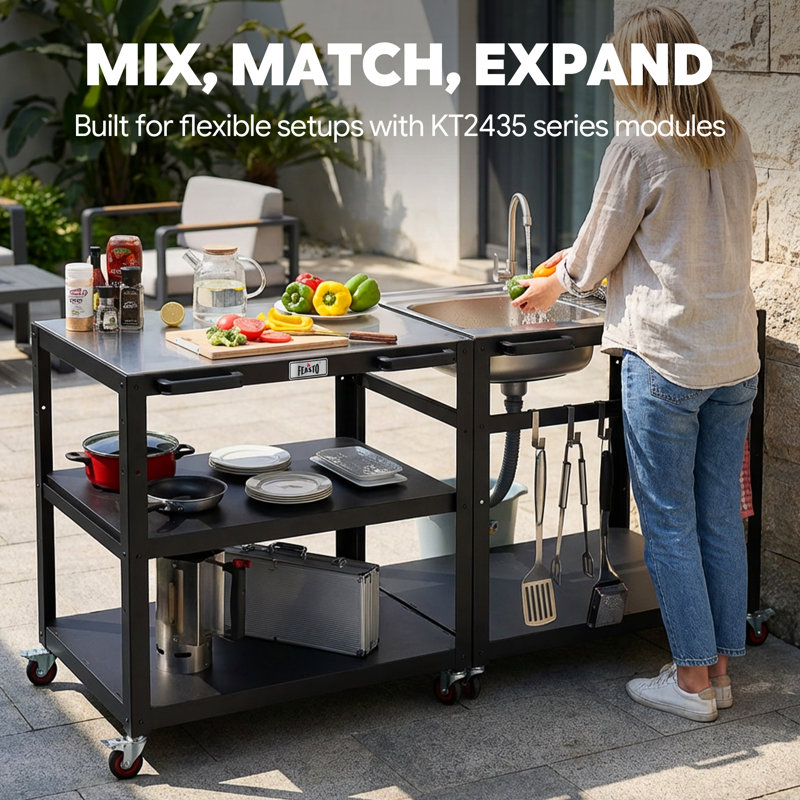 Îlot de cuisine extérieur de 35 po avec plateau en acier inoxydable FEASTO - Chariot de préparation de barbecue mobile à 3 niveaux et support à pizza