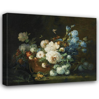 "A Flower Still Life with Peonies, Irises, Hydrangea in a Copper Kettle, a Beetle and Butterflies" by  Marie Beloux-Hodieux - Gallery Wrap Canvas Wall Art