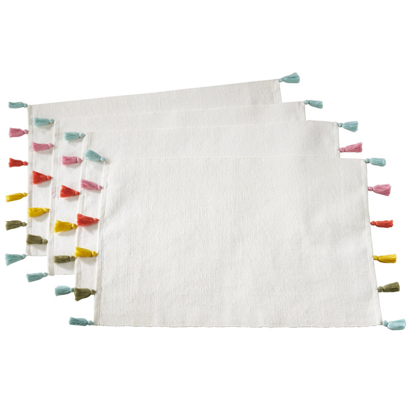 Ivory Cotton Placemats with Colorful Fiesta Tassels, Set of 4