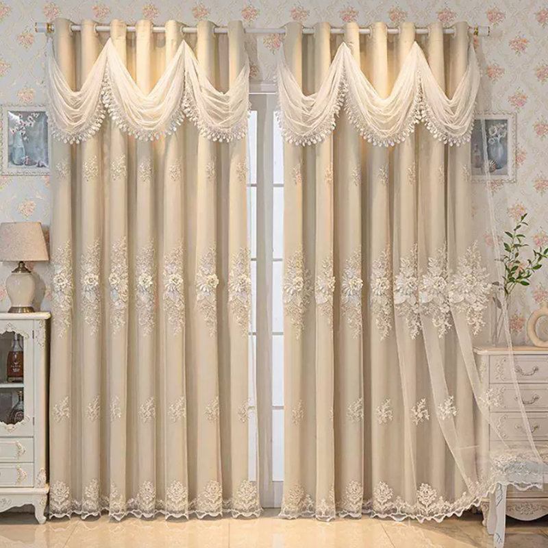 Ensemble de rideaux brodés European European, Beige, 2, 51,9 po x 94,8 po