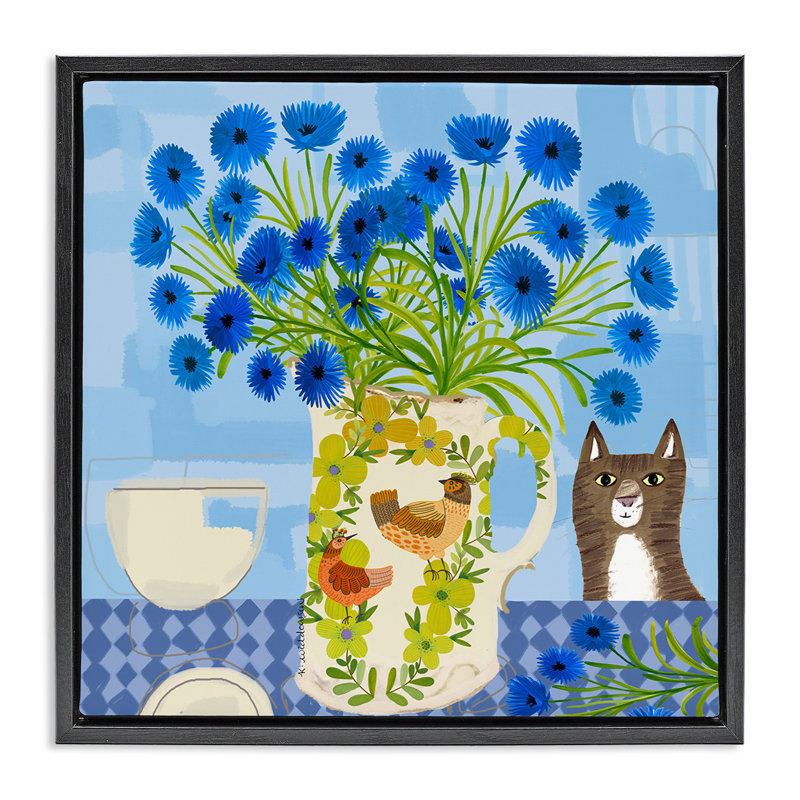 Cadre flottant Whimsical Jug of Cornflowers, design par Kay Widdowson, H 25 po x l 25 po, Cadre flottant noir de jais