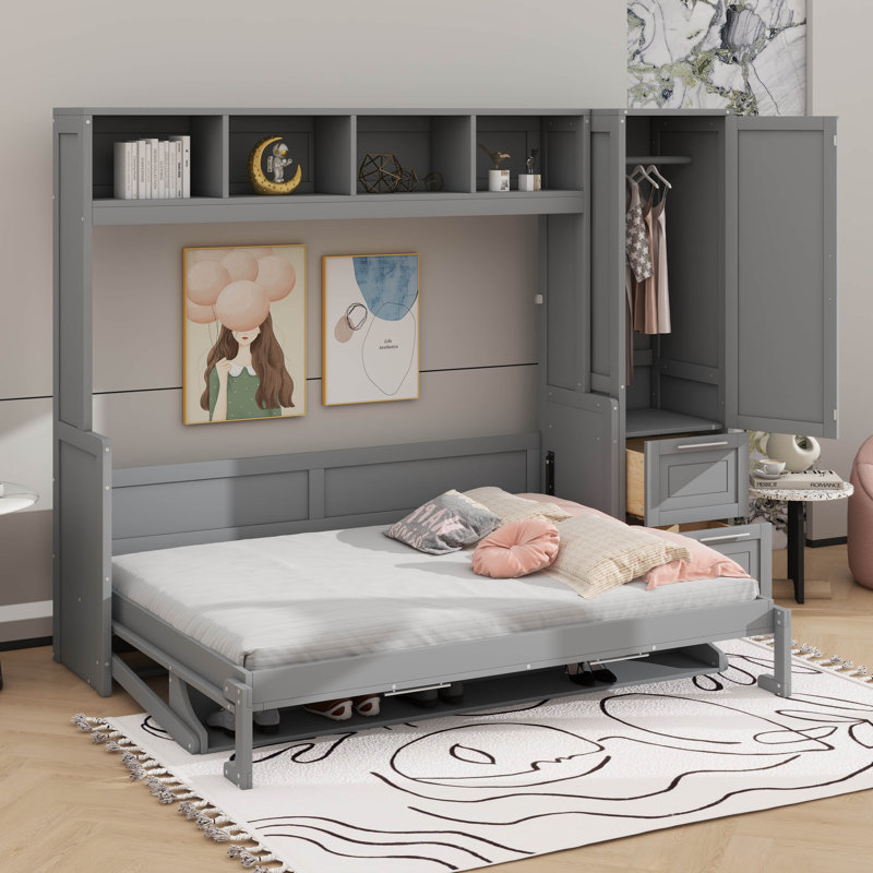 Lit escamotable peu encombrant avec garde-robe intégrée et rangement pour tiroirs, Gris, Grand lit