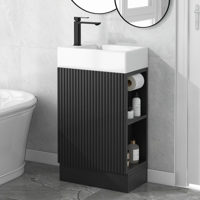 Meuble-lavabo de salle de bain en MDF durable avec lavabo, tablette à deux niveaux et orientation flexible pour un rangement et un style améliorés