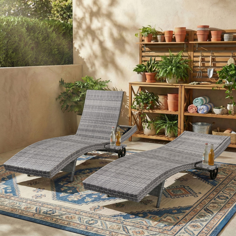 80" Patio Wicker Chaise Lounge Chairs Set Of 2, Outdoor Rattan Reclining Lounge Chair W/ Rolling Wheels & Pull-out Side Table, Adjustable Backrest, Ergonomic Wave Design For Poolside, Deck, Grey