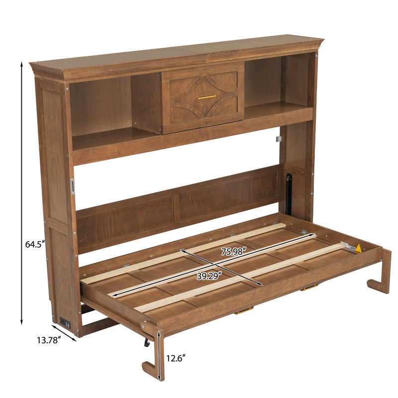  Twin Size Murphy Bed with Charging Station and Storage Drawer, Space-Saving Foldable Bed Cabinet, Oak, Brown