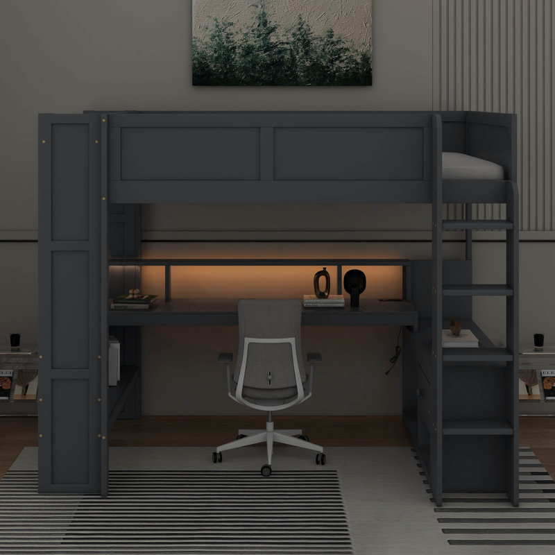 Lit mezzanine double avec bureau, Lit double