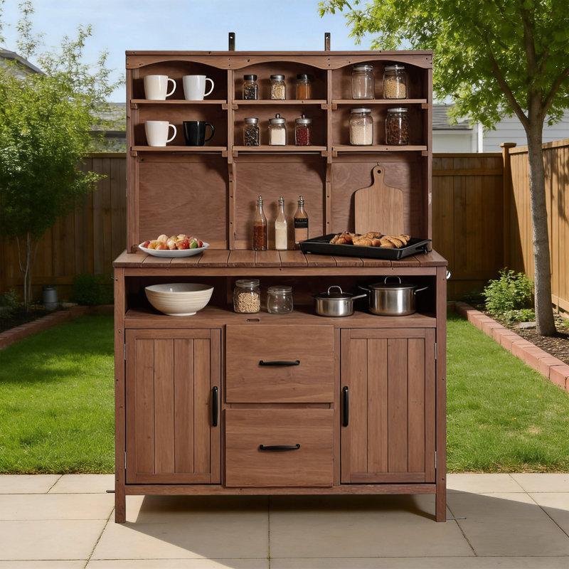 Îlot de cuisine d'extérieur 65 po avec huche et armoires 65 po, Brun