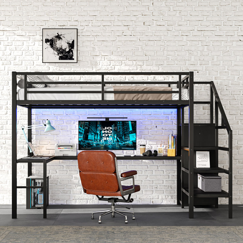 Full Size Gaming Loft Bed With L-shaped Desk, Led And Charging Station, Metal Loft Bed With Wardrobe And Adjustable Shelf For Kids Teens Adults, Black