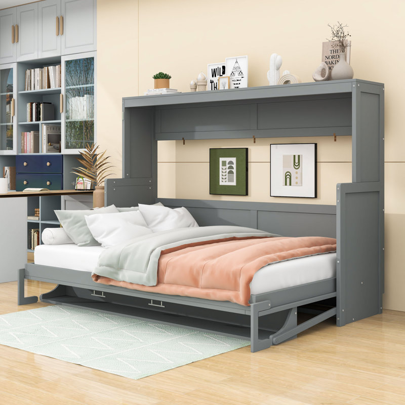 Lit escamotable en bois avec tablettes de rangement et lattes, gris, Complète