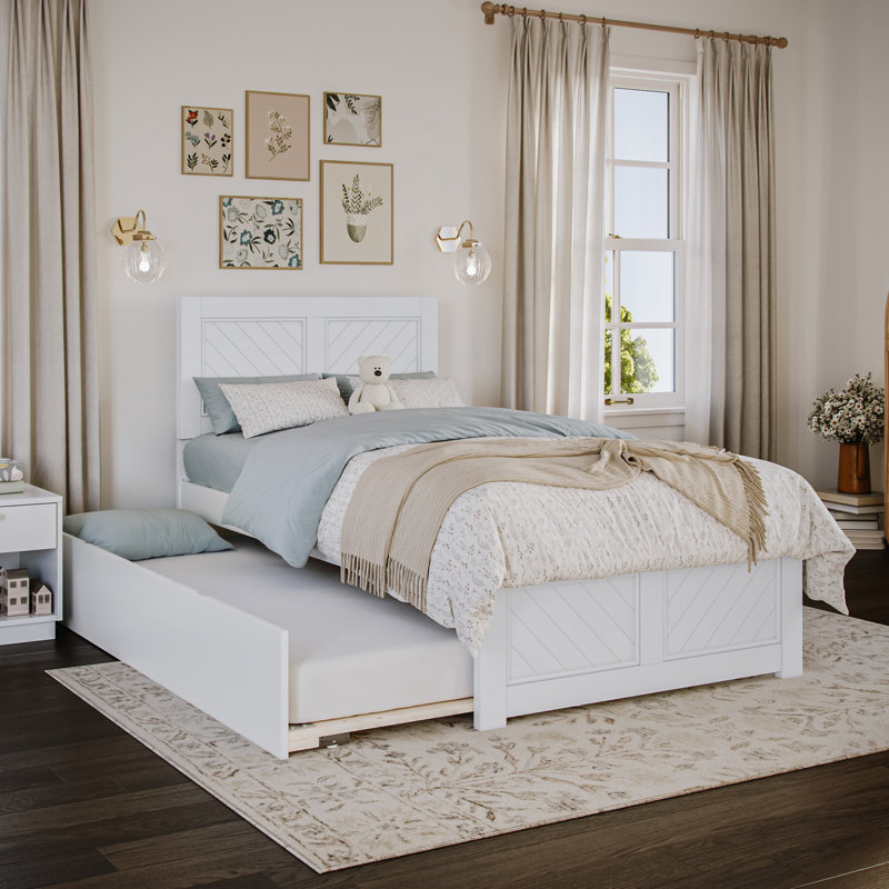 Jeinny Solid Wood Platform Bed with Matching Footboard & Trundle, White, Twin