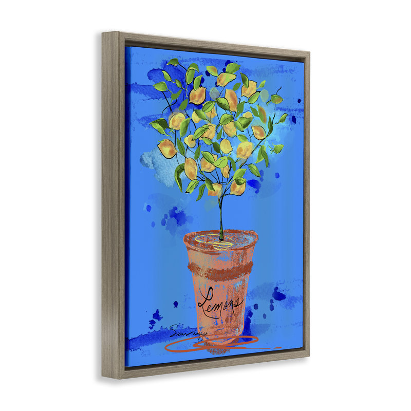 Cadre flottant bleu vif Pots Lemons, design par Susan Lugar, H 31 po x l 25 po, Cadre flottant orme Montalcino