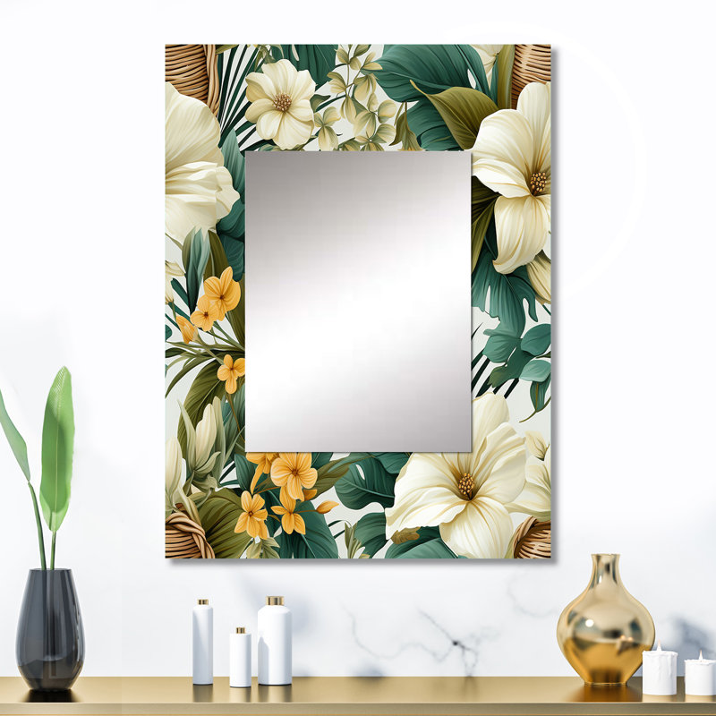 Averyl Boho Botanical Oasis Palm - tropical  Mirror, Botanical, Floral Decorative Wall Mirror, Printed Metal Art, 32" x 24"