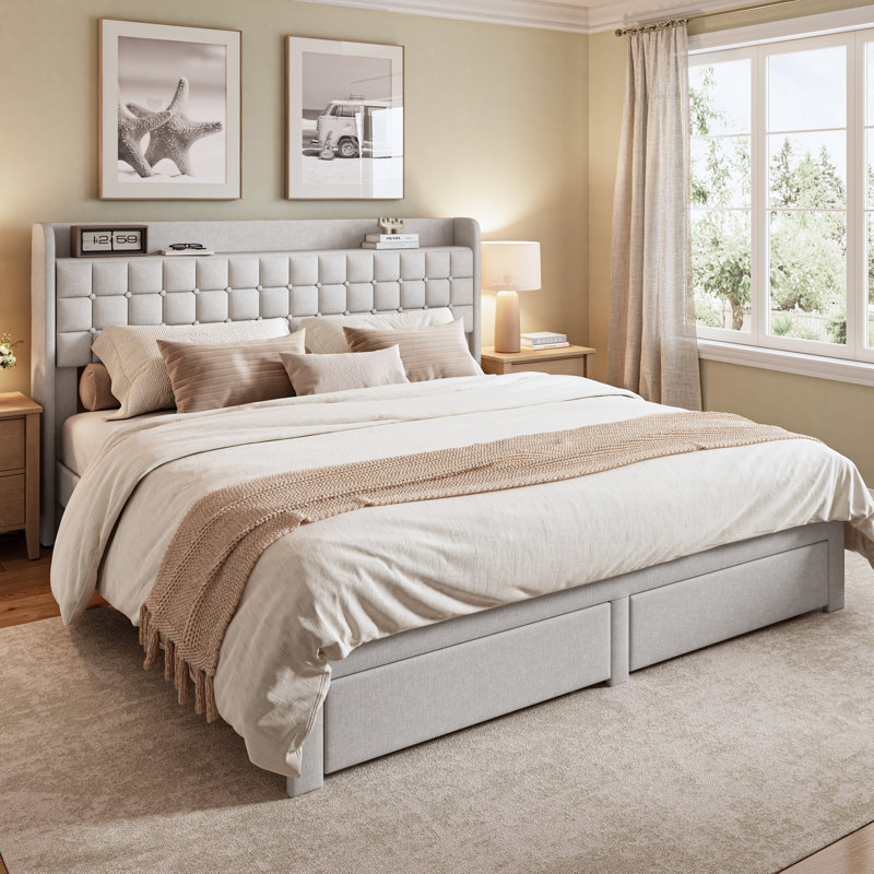 Structure de lit tapissier avec 2 pieds de lit et plateforme de rangement Avelyn, Beige, Très grand lit