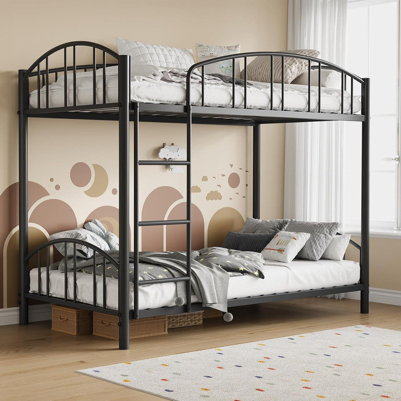 Bunk Bed Twin Over Twin with Ladder and Arched Guardrail, Heavy Duty Bunkbeds Frame with Sturdy Steel Slats Support for Kids, Space-Saving, No Box Spring Needed