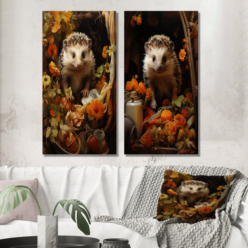 «Hedgehogs Flower Hilarious Hide», ensemble de 2 reproductions d'art sur toile Hérissons, Toile tendue, H 28 po x l 25 po