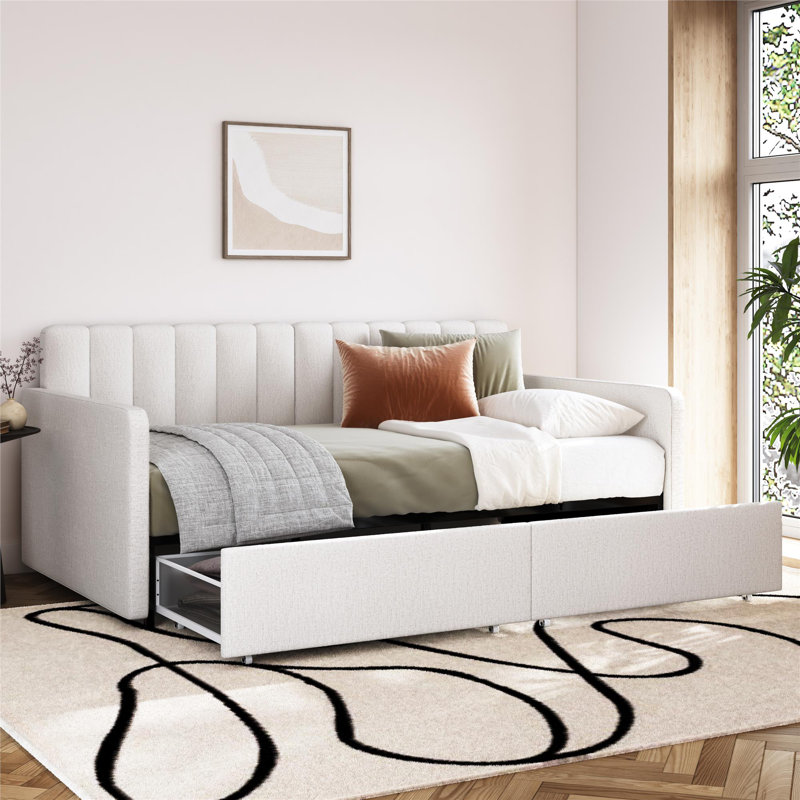 Keyten Upholstered Daybed with Storage Drawers, Cream Chenille