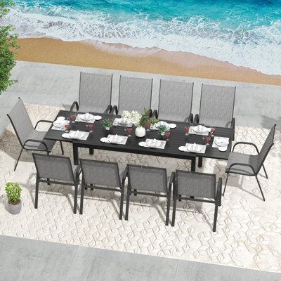 7-Piece Outdoor Furniture Patio Set Extendable Aluminum Rectangle Dining Table And 6 Stackable Patio Armchairs