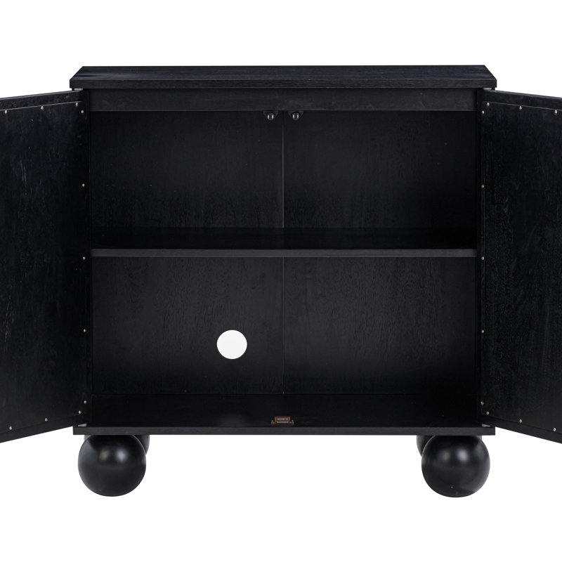 Black Boho Storage Cabinet with Seagrass Doors and Solid Wood Legs
