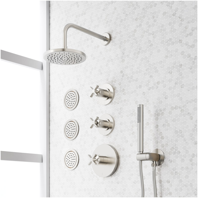 Vassor Thermostatic Shower System With 3 Body Sprays and Hand Shower - Brushed Nickel, Brushed Nickel
