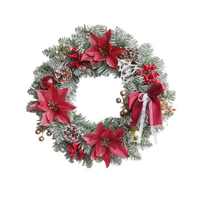 Couronne de Noël artificielle givrée 13,7 pouces avec poinsettias rouges, arc rouge, baies rouges et pommes de pin pour décoration des Fêtes