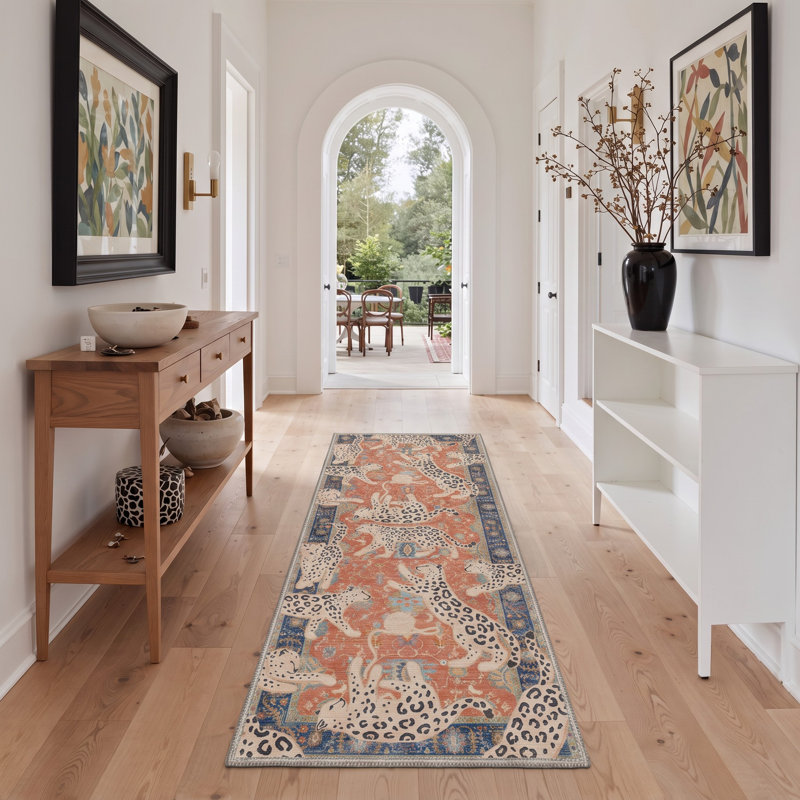 Tapis de couloir orange / ivoire lavable à la machine avec envers antidérapant, Ivory Orange, Tapis de couloir 2 pi x 6 pi