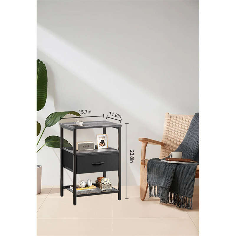 Table de chevet moderne avec tiroir en tissu et tablette en filet - Table de chevet polyvalente pour tout espace, Gris / noir