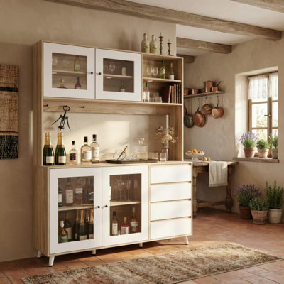 Large Liquor Cabinet Organizing Wine With Glass Doors, Drawers & Hooks