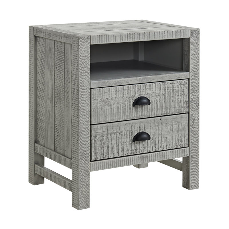 Arden Driftwood Gray 2-Drawer Pine Wood Nightstand with Open Shelf