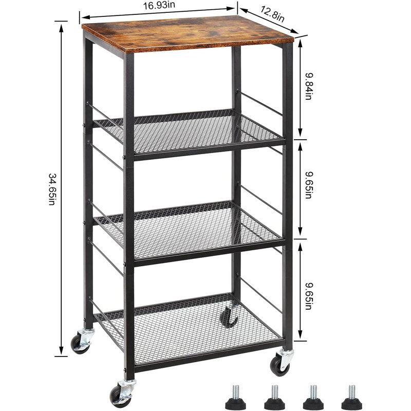 Kitchen Baker's Rack Microwave Cart 4-Tier Island Serving Bar Cart On Wheel Industrial Wood End Side Table Storage Trolley Rack For Bedside Bathroom And Office