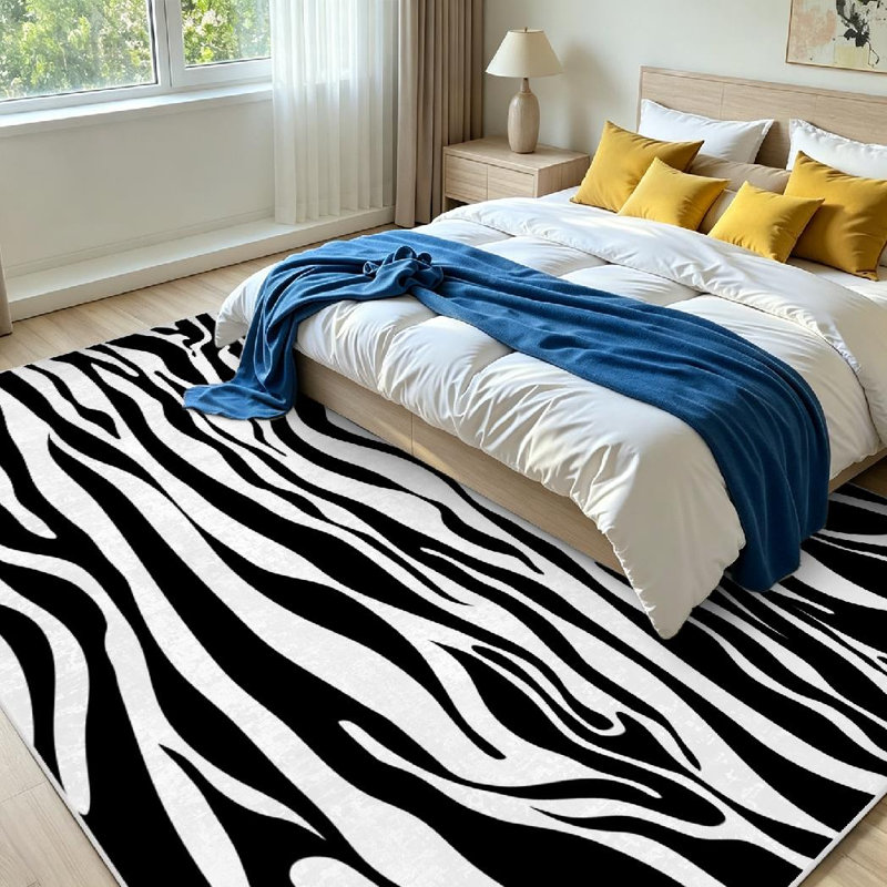 Tapis intérieur noir lavable à la machine, motif peau d'animal avec zèbre et blanc, Rectangle 71 po x 98 po