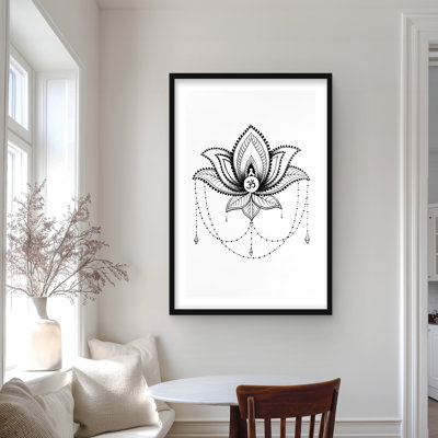 Ethnic Lotus Ornament - Black & White Framed Print for Decor