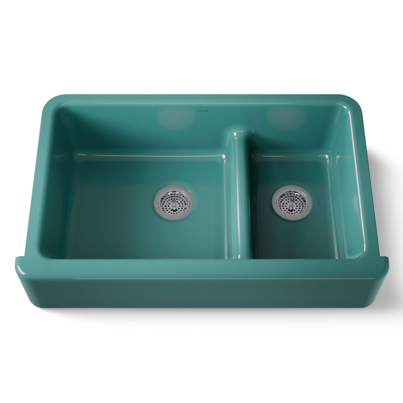 Whitehaven 36" L x 22" W Double Basin Farmhouse Kitchen Sink, Bleu sarcelle