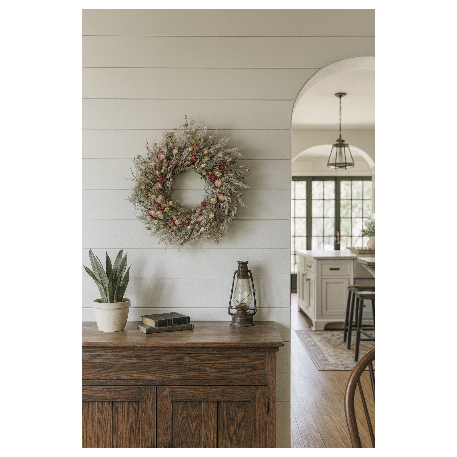 Natural Dried Poppy Pods and Strawflowers Wreath